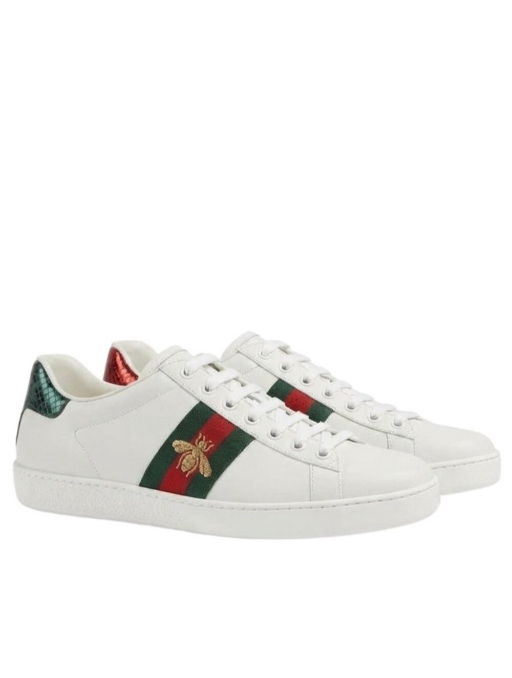 Gucci Men’s White Leather Ace Sneaker with Green-Red Web and Bee - Picture 9 of 16
